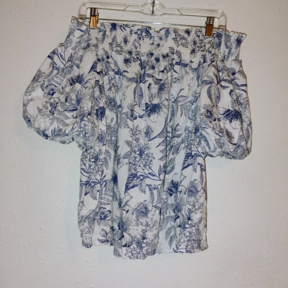 CeCe Blue and White Floral Off-Shoulder Blouse